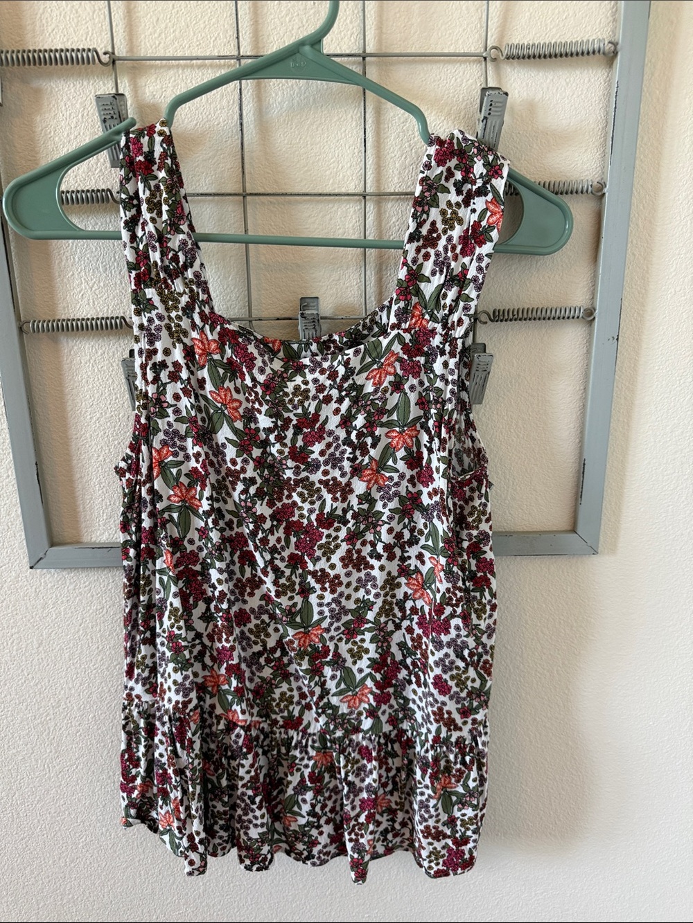 LOFT White Floral Tank Top with Burgundy & Green Accents
